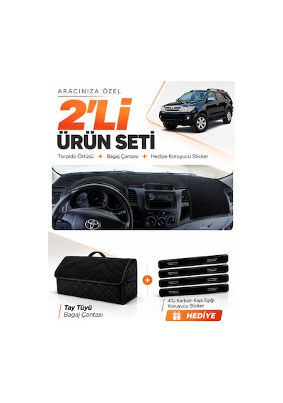 E-biz Toyota Fortuner 2005-2014 Uyumlu Torpido Örtüsü + Tay Tüyü Bagaj Çantası - Siyah - To018
