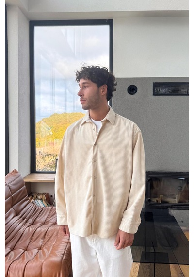Flaw Fitilli Kadife Oversize Gömlek Bej-27825 Bej