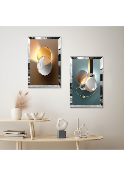 Gümüş Aynalı Pleksi Çerçeveli Renkli Arka Planlı Modern Soyut Desen İkili Mdf Tablo Seti