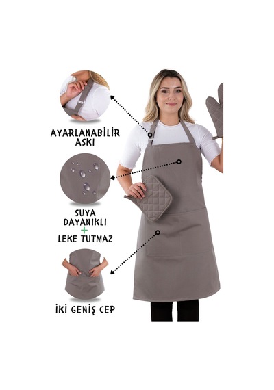 Simple 3lü Set Ayar Askılı Mutfak Önlüğü Seti Eldiven, Tutacak Antrasit