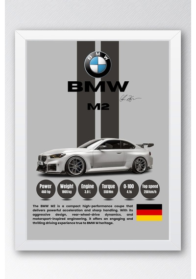 Bmw M2 Premium Spor Araba Çerçeveli Tablo - Teknik Özellikli Otomobil Sever Duvar Dekoru Beyaz