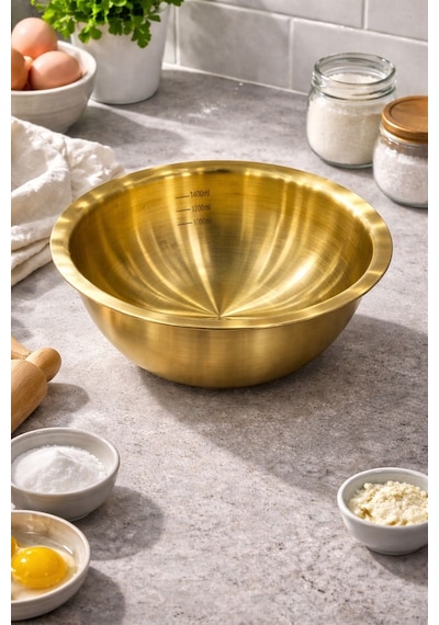 Qerhome Paslanmaz Çelik Gold Ölçülü Hamur Yoğurma & Karıştırma Kabı 1400 Ml Gold