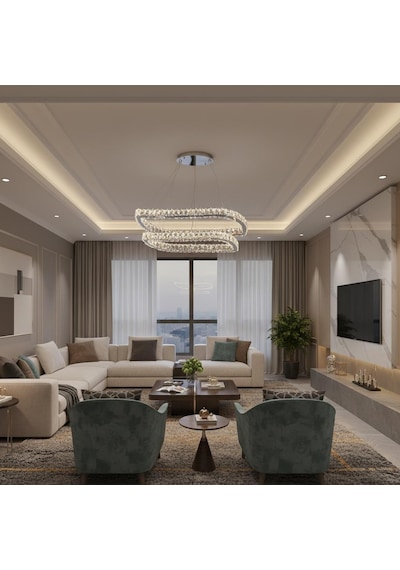 Elentra 2 Katlı Kristal Taşlı Ledli Avize Krom