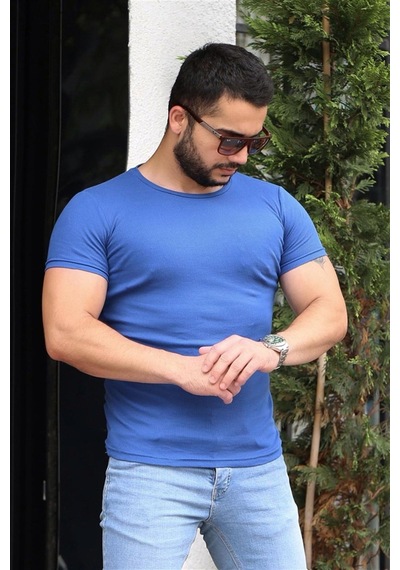 Madmext Madmext Bisiklet Yaka Saks Basic Tişört 4077-sax Mavi Saks Mavi