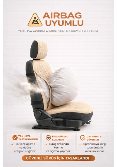 Oto Koltuk Kılıfı Tay Tüyü Tekli Ön Minder 4 Katmanlı Terletmez Airbag Uyumlu - Bej