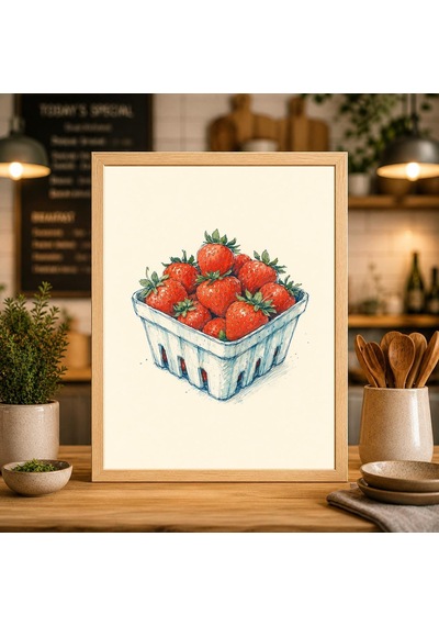 Çilek Sanat Baskısı Modern Çiftlik Evi Mutfak Dekorasyonu Yaz Meyve Sepeti İllüstrasyonu