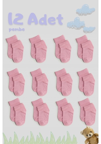 Cnt Erkek / Kız Bebek Kaydırmaz Taban Pamuklu Yumuşak Çorap 12 Li Paket Pembe Pembe