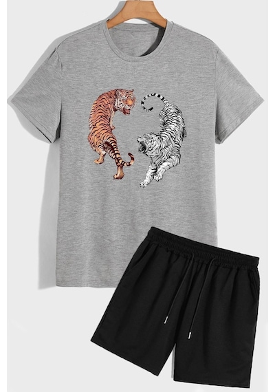 Uyguntarz Tiger Şort T-shirt Eşofman Takımı Gri