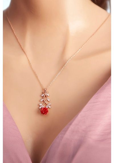 925 Ayar Gümüş Zirkon Taşlı Rose Renk Gül Bayan Kolye - 50 CM