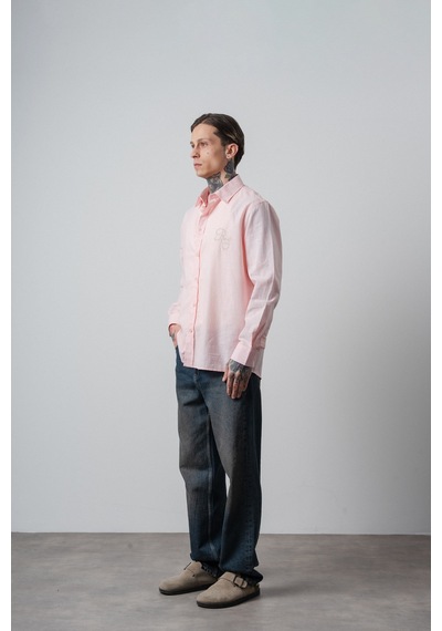 Respire Erkek Res Nakışlı Uzun Kollu Keten Oversize Gömlek Pembe