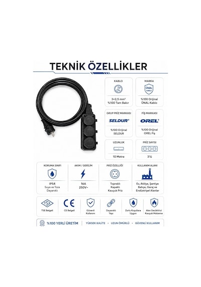 Ünal Kablo Sanayi Tipi Ağır Hizmet Uzatma Kablosu 10 Metre 3x2.5 Mm %100 Tam Bakır Seldur Kauçuk 3'lü Grup Priz Orel Kauçuk Fiş Ip54 Ip44 10 M