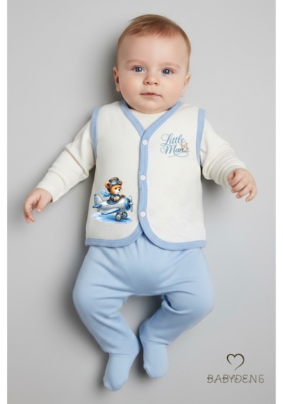 Babyden's Erkek Bebek 3 Lü Jakarlı Yelek Set Çıtçıtlı Bebek Yeleği Ayıcık Baskılı,pamuklu,yenidoğan Yelek Seti Ekru - Mavi