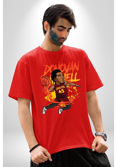 Donovan Mitchell Basketbol Karikatür Pamuklu Bisiklet Yaka Unisex Oversize Boyfriend Dijital Baskılı Kırmızı T-shirt Kırmızı