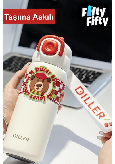 Dıller 600 Ml Tek Kapak Çift Kullanım Pipetli/pipetsiz Taşıma Kulplu Vacum Cup/çelik Termos -ffdıllerd9238 Çok Renkli