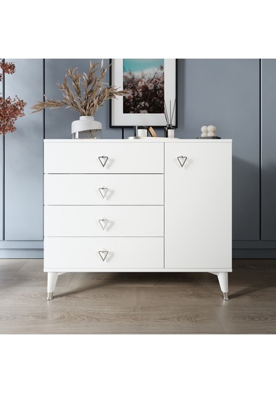 Simple 4 Çekmeceli 1 Kapaklı Modern Şifonyer Beyaz Gümüş Beyaz