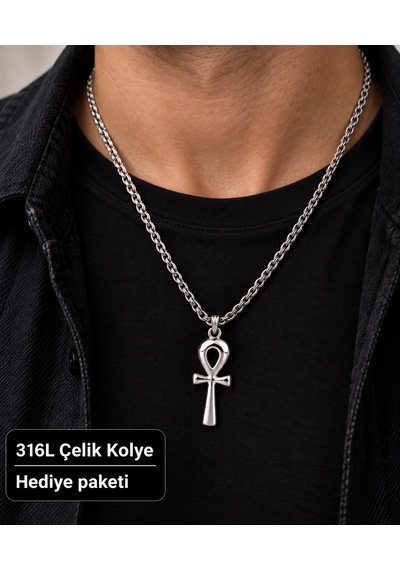 Erkek Sembol Figürlü Kolye 60 Cm Zincirli 2,5 Cm Uçlu Modern Tasarım Altın - Gümüş