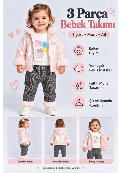 Ahengim Kız Bebek 3 Parça Takım Peluş Detaylı Kapüşonlu Parlak Mont Baskılı Üst Desenli Pantolon Ak1019 Pembe Ahengim Kız Bebek 3 Parça Takım Peluş Detaylı Kapüşonlu Parlak Mont Baskılı Üst Desenli Pantolon Ak1019 Pembe