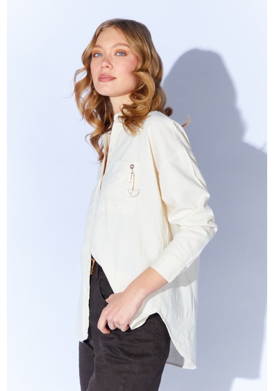 Manche Ekru Broş Detaylı Oversize Tek Cepli Gabardin Gömlek Mkw168174-01