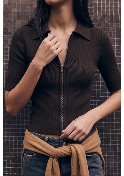 Sateen Kısa Kollu Fermuarlı Triko - Kahve-137886