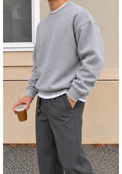 Tarz Cool Erkek 3 İplik Şardonlu Regular Fit Bisiklet Yaka Basic Sweatshirt Gri