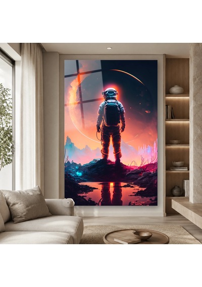 Kızıl Gezegende Duran Astronot Çerçevesiz Cam Tablo