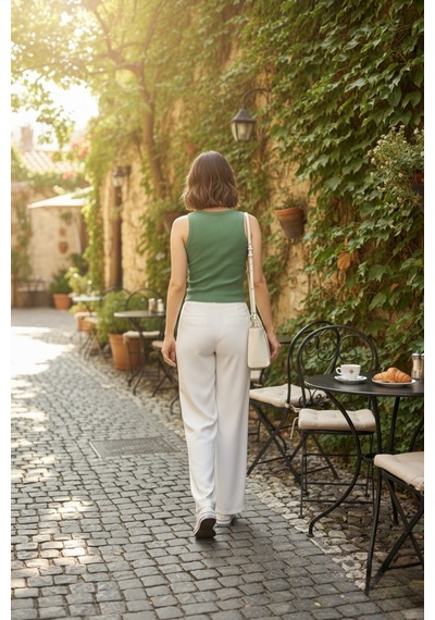Kadın Yeşil Geniş Askılı Crop Bluz