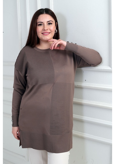 By Saygı Kadın Kolları Düğme Detaylı Büyük Beden Tunik Bluz K.vizon