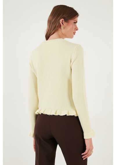 Lela Premium Pile Detaylı Regular Fit Yuvarlak Yaka Triko Bayan Hırka 680Hi00038 Sarı