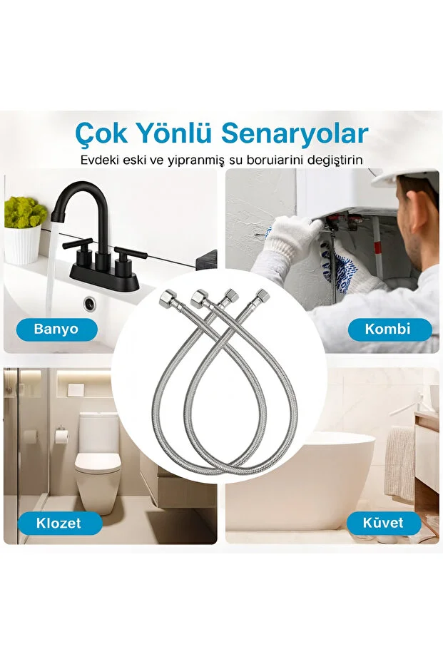 Musluk Bağlantı Hortumu 50 Cm 3/8 X 3/8 Çelik Örgülü 2 Adet Gümüş