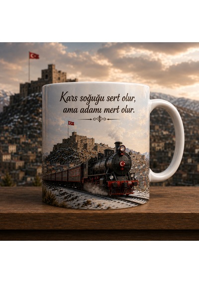 Kars Temalı Porselen Kupa Bardak Kars Kalesi Ve Tren Baskılı Hediyelik 300 Ml Beyaz