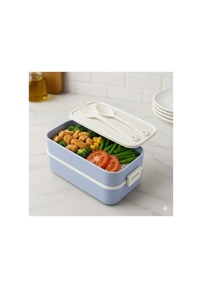 Lunch Box Kendinden Çatal Kaşıklı Estetik 2 Katlı Taşınabilir Yemek Kabı Mavi