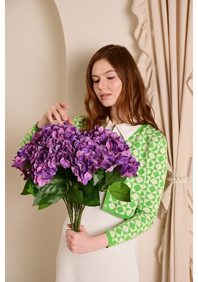 Mor Yapay Ortanca Çiçeği 5 Dallı Premium Canlı Islak Dokulu 42 Cm