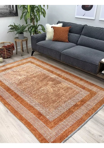Turuncu Ve Krem Çift Bordürlü Modern İskandinav Halı - Yo11543k Turuncu - Krem