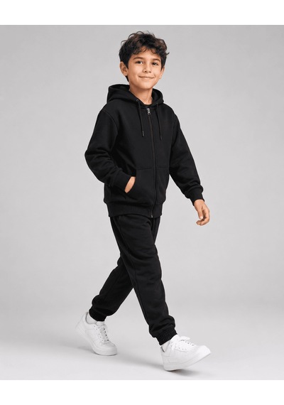 Eray Alp Kids Unisex Çocuk Siyah Kapüşonlu Fermuarlı Eşofman Takımı Günlük Rahat Kombin