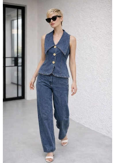 Kadın Gold Düğme Detaylı Yelekli Denim Kot Takım Yz2613 Mavi