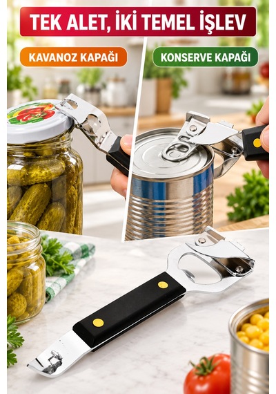 Metal Kavanoz Kapağı Ve Konserve Açacağı Siyah Saplı Çok Amaçlı Pratik Kapak Açıcı Gümüş