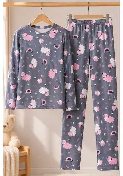 Free Beka Desenli Bisiklet Yaka Süet Kumaş Kız Çocuk Uzun Kollu Pijama Takımı Gri