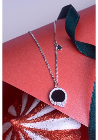 Innuendo Jewelry 925 Ayar Gümüş Damla Taş Detaylı Oval Kolye Gümüş - Siyah