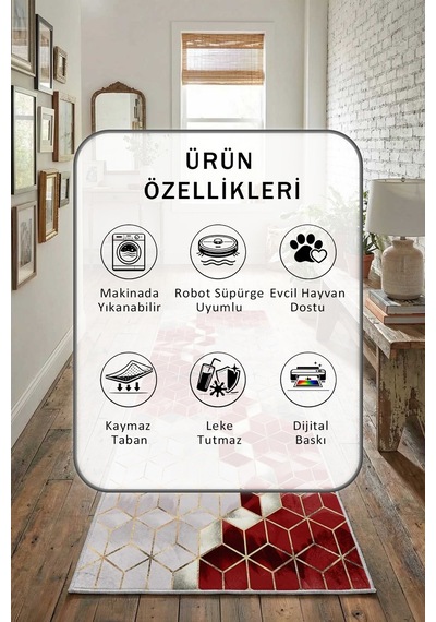 Suetro Kırmızı Dijital Baskılı Kaymaz Yıkanabilir Yolluk