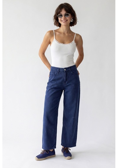 Mixray 2128 Kadın İnce Mevsimlik Yüksek Bel Wide Leg Denim Pantolon Lacivert