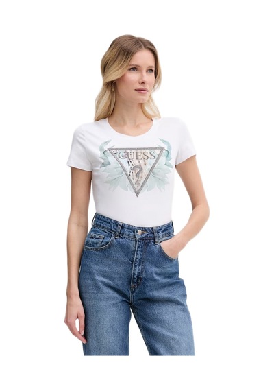 Guess W6gı12k3027k3027 Ss Cn Flower Triangl Kadın Tişört Beyaz