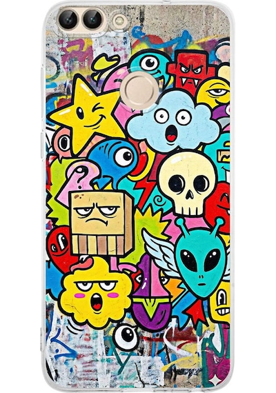 Huawei P Smart 2018 İle Uyumlu Grafiti Doodle Tasarımlı Şeffaf Silikon Kılıf Şeffaf