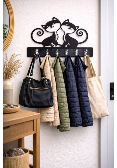 Kedi Figürlü Dekoratif Duvar Askılığı 6 Kancalı Mdf Anahtarlık Ve Askı 39 X 29 Cm Siyah Siyah