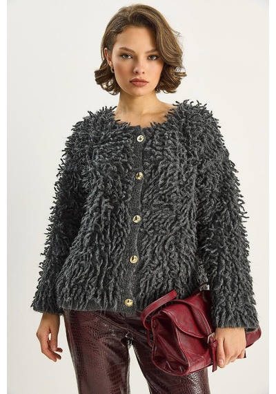 Shade Kadın Oversize Saçaklı Triko Hırka 9062 60283750 - Antrasit