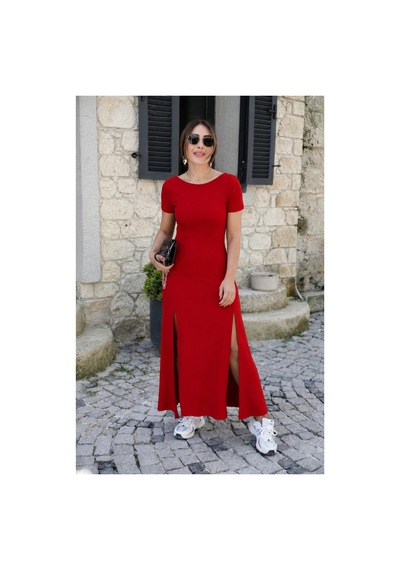Stilvibe Viskon Çift Yırtmaçli Sırtı Açık Elbise Editörün Seçimi Kırmızı