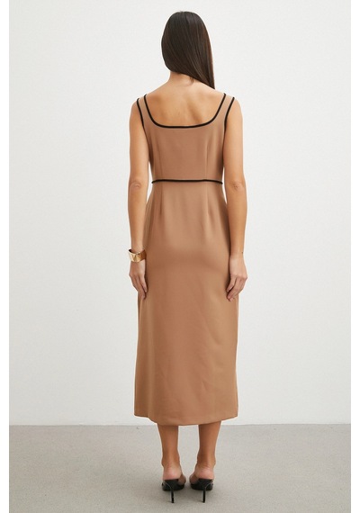 Şeritli Yırtmaç Detaylı Slip Dress Tarçın