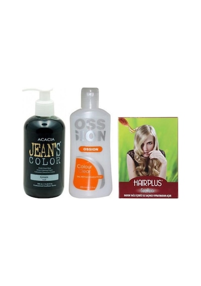 Jeans Color Saç Boyası Yeşil 250ml Ve Ossion Boya Temizleyici Ve Hairplus Saç Açıcı