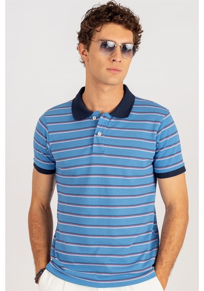Tudors Slim Fit Dar Kesim Çizgili Polo Yaka Pike T-Shirt-24259 Mavi