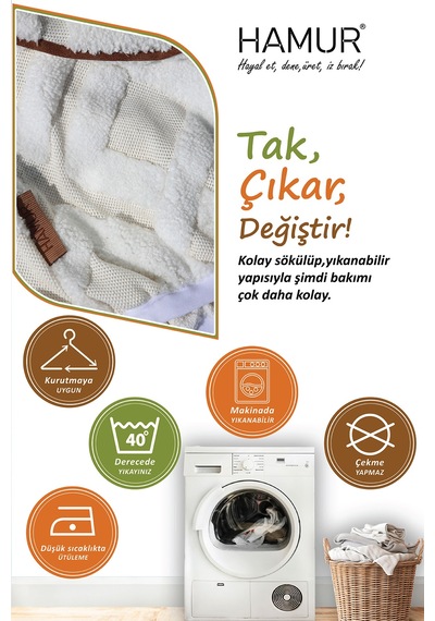 Yıkanabilir Puf Tabure Kılıfı Tak-Çıkar-Değiştir-Yenile Orta Sehpa Kılıfı 40x22 Mila Ekru