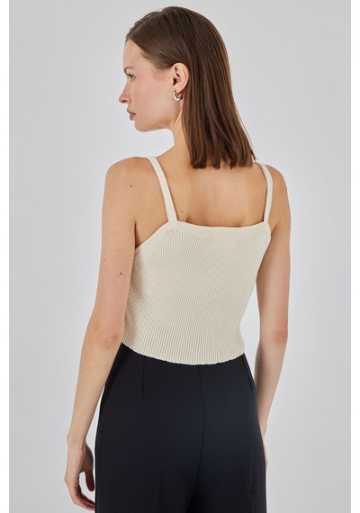 Hiccup Bdart Kare Yaka Ribana Örgü Crop Top Krem Doğal